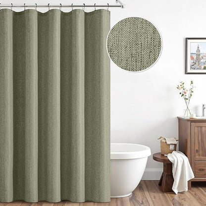 ANRODUO Olive Green Linen Textured Fabric Shower Curtain Set - 60"x72" with 10 Rust Resistant Durable Metal Hooks, Waterproof & Heavy Duty Polyester, Button Hole Design, Machine Washable for Bathroom