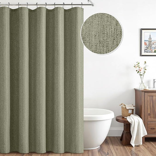 ANRODUO Olive Green Linen Textured Fabric Shower Curtain Set - 60"x72" with 10 Rust Resistant Durable Metal Hooks, Waterproof & Heavy Duty Polyester, Button Hole Design, Machine Washable for Bathroom