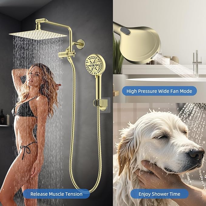 10" Metal Rainfall Shower Head with 10-Mode Handheld, Shiny Gold | NSF/ANSI/CAN 372 Certified, High Pressure Showerhead Combo with 11" Adjustable Shower Arm, 71" Hose, Shower Head Holder