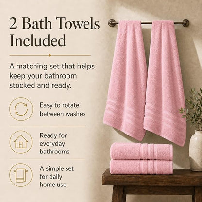 Velqora Bath Towels, 2 Pack, 30x60 in, 100% Cotton, Soft & Absorbent, Pink | Balanced Weight | Everyday Comfort | Easy Care