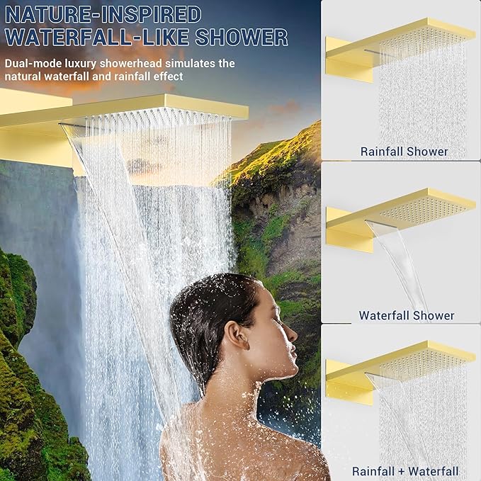 Luxury Thermostatic Rain & Waterfall Shower System with 22” Rain Shower Head & 6 Body Jets, JetsBath Wall Mounted Shower Faucet Sets with Handheld Sprayer, 3/4” Inlet Thermostatic Valve