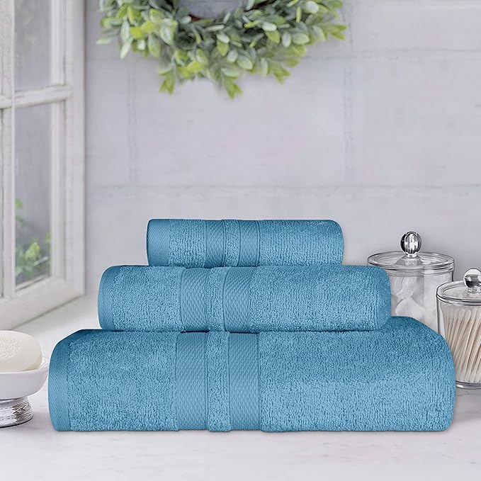 Superior Ultra-Soft 3-Piece Cotton Towel Set, Daily Use for Bathroom, Guest Room, Quick Dry, Set Includes 1 Bath Towel, 1 Hand Towel, and 1 Washcloth, Essential Plush Towels for Home - Denim Blue