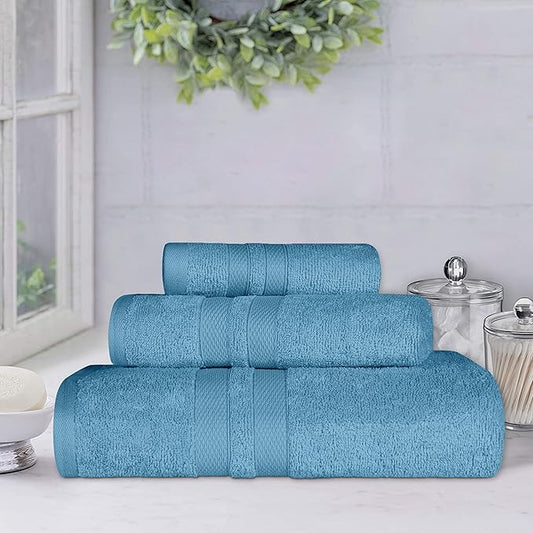 Superior Ultra-Soft 3-Piece Cotton Towel Set, Daily Use for Bathroom, Guest Room, Quick Dry, Set Includes 1 Bath Towel, 1 Hand Towel, and 1 Washcloth, Essential Plush Towels for Home - Denim Blue