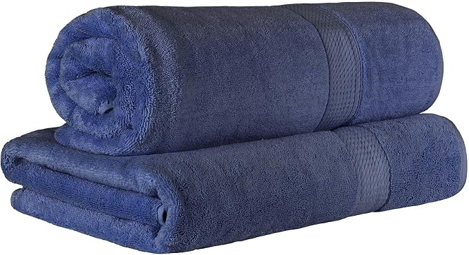 SUPERIOR Egyptian Cotton Pile Plush Bath Sheet, 2 Piece Set, Navy Blue | Highly Absorbent, Ultra Soft Luxury 800 GSM Towel Set for Bathroom, Shower, Hotel Essentials Oversize Plush Madeline Towels