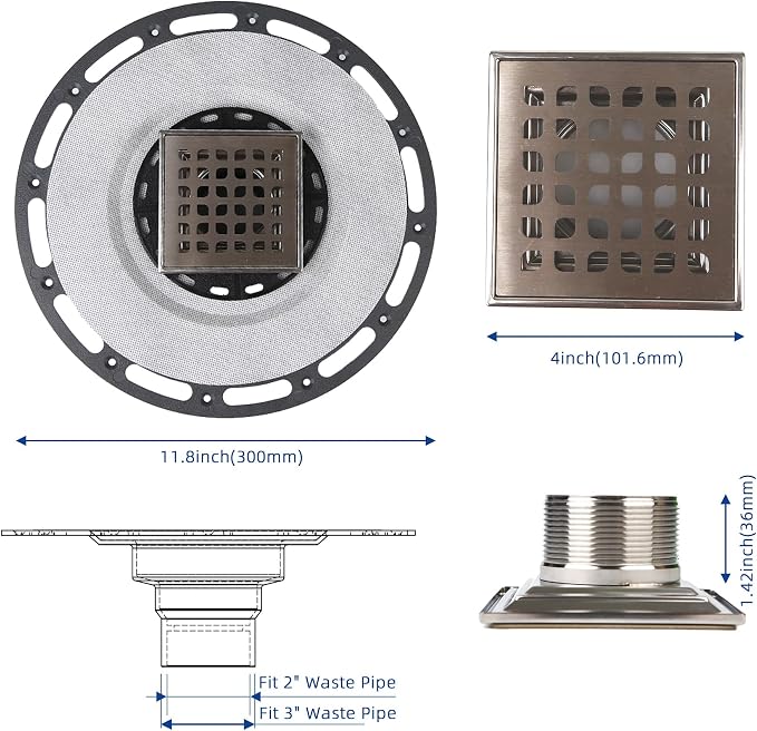 4-Inch Square Shower Drain Kit with Bonding Flange, Brushed Silver | Removable 304 stainless steel grate with hair strainer; fits 2- and 3-inch pipes for tiled shower floors and wet areas