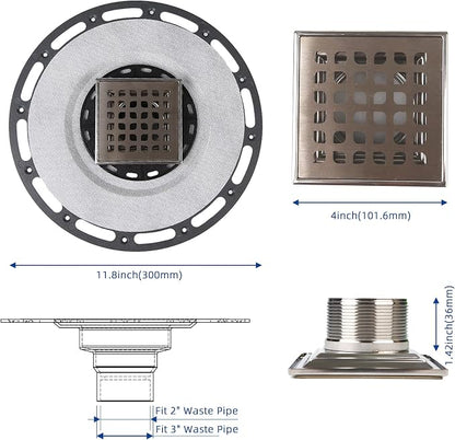 4-Inch Square Shower Drain Kit with Bonding Flange, Brushed Silver | Removable 304 stainless steel grate with hair strainer; fits 2- and 3-inch pipes for tiled shower floors and wet areas