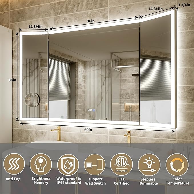 60x36 Trifold Bathroom Mirror with Lights, Removable Magnifier, 180° Foldable LED Vanity Mirror, Front & Backlit, Wall Mounted, Anti-Fog, Stepless Dimming & 3 Color Temperature Changing