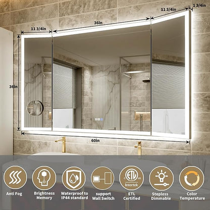 60x36 Trifold Bathroom Mirror with Lights, Removable Magnifier, 180° Foldable LED Vanity Mirror, Front & Backlit, Wall Mounted, Anti-Fog, Stepless Dimming & 3 Color Temperature Changing