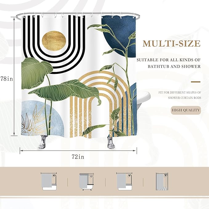 Glawry Navy Blue Boho Shower Curtain Abstract Mid Century Light Blue Tropical Palm Tree Sun Arch Plant Minimalist Bathroom Modern 72Wx78L Inches Bath Accessories Art Home Decor Fabric 12 Pack Hook