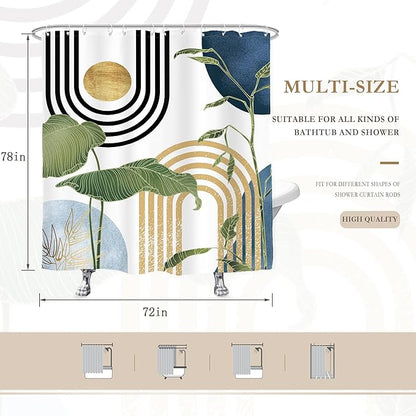 Glawry Navy Blue Boho Shower Curtain Abstract Mid Century Light Blue Tropical Palm Tree Sun Arch Plant Minimalist Bathroom Modern 72Wx78L Inches Bath Accessories Art Home Decor Fabric 12 Pack Hook