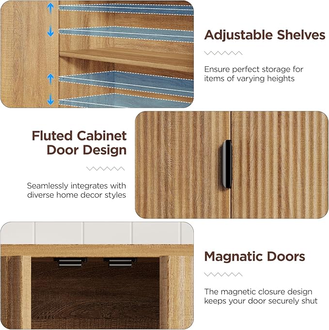 Fluted Bathroom Wall Storage Cabinet with Open Shelf, Floating Wall Mounted Medicine Cabinet with Adjustable Shelves, Over The Toilet for Bathroom, Laundry Room, Kitchen, Natural Oak