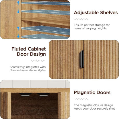 Fluted Bathroom Wall Storage Cabinet with Open Shelf, Floating Wall Mounted Medicine Cabinet with Adjustable Shelves, Over The Toilet for Bathroom, Laundry Room, Kitchen, Natural Oak