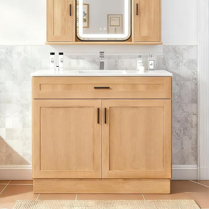 36 Inch Bathroom Vanity with Sink, Farmhouse Style Natural Wood Grain, Double Door Open Storage, Thickened Material & Sturdy Frame, Freestanding Ceramic Sink Vanity(Natural Oak)