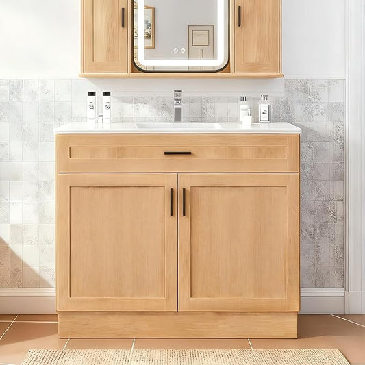36 Inch Bathroom Vanity with Sink, Farmhouse Style Natural Wood Grain, Double Door Open Storage, Thickened Material & Sturdy Frame, Freestanding Ceramic Sink Vanity(Natural Oak)