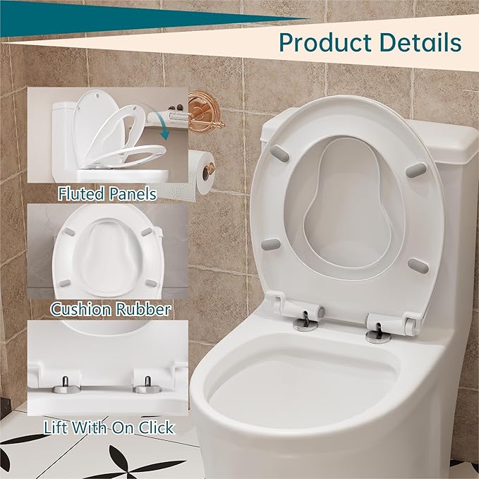 17" Round Potty Training Toilet Seat with Built-In Toddler Seat, Slow Close and Quick Release, Plastic Non-Slip Bumpers, Never Loosens, Easy to Install and Clean