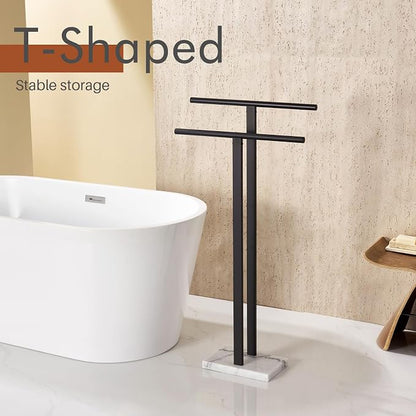 KOKOSIRI Free Standing Towel Racks Matte Black 2-Tier Towel Holder for Bathroom Floor Stand with Heavy Marble Base Thicken Steady Design Stainless Steel THS0005-BK