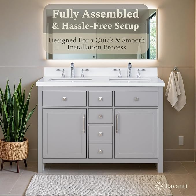 Lavanti Oakford 48 Inch Bathroom Vanity with Sink – Stylish Grey Vanity Bathroom with Storage Cabinet – Modern Bathroom Vanities with Double Vanity Sink & Quartz Countertop