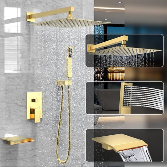 Brushed Gold Shower System Rain Faucet Set with Tub Spout, 10 inch | All-Metal Wall Mounted Bathroom Shower Faucet Set with Safe Pressure Balance Valve, Water Saving High Pressure Rainfall Head