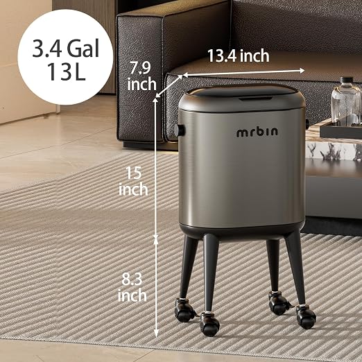 MRBIN Stainless Steel Slim Bathroom Motion Sensor Trash Can with Lid and Wheels, 13L / 3.4gal Electric Touchless Toilet Waste Basket with Legs for Narrow Vanity, Rvs, Dorm, Kitchen, Eclipse Grey