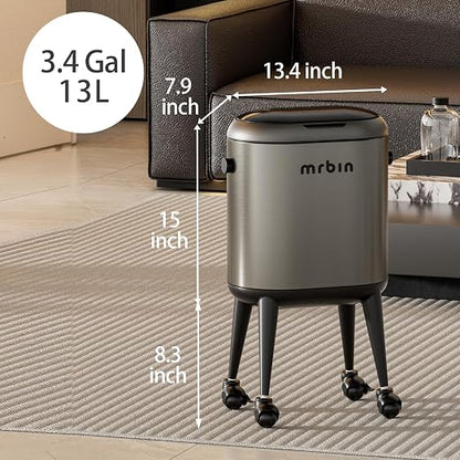 MRBIN Stainless Steel Slim Bathroom Motion Sensor Trash Can with Lid and Wheels, 13L / 3.4gal Electric Touchless Toilet Waste Basket with Legs for Narrow Vanity, Rvs, Dorm, Kitchen, Eclipse Grey