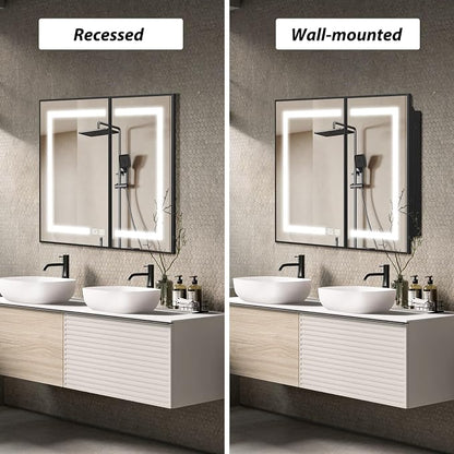 APRILSOUL 36x30 Inch Lighted Bathroom Medicine Cabinet with Mirror, Black Recessed or Surface Mount Medicine Cabinet Mirror with Storage and LED Lights, 3 Colors Temperature, Dimmable Light