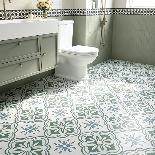 FunStick Sage Green Peel and Stick Floor Tile Vintage Green and White Moroccan Floor Tiles Peel & Stick Vinyl Flooring Roll Waterproof Self Adhesive Laminate Linoleum Flooring for Bathroom Floor Tile