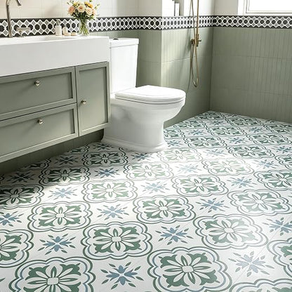 FunStick Sage Green Peel and Stick Floor Tile Vintage Green and White Moroccan Floor Tiles Peel & Stick Vinyl Flooring Roll Waterproof Self Adhesive Laminate Linoleum Flooring for Bathroom Floor Tile