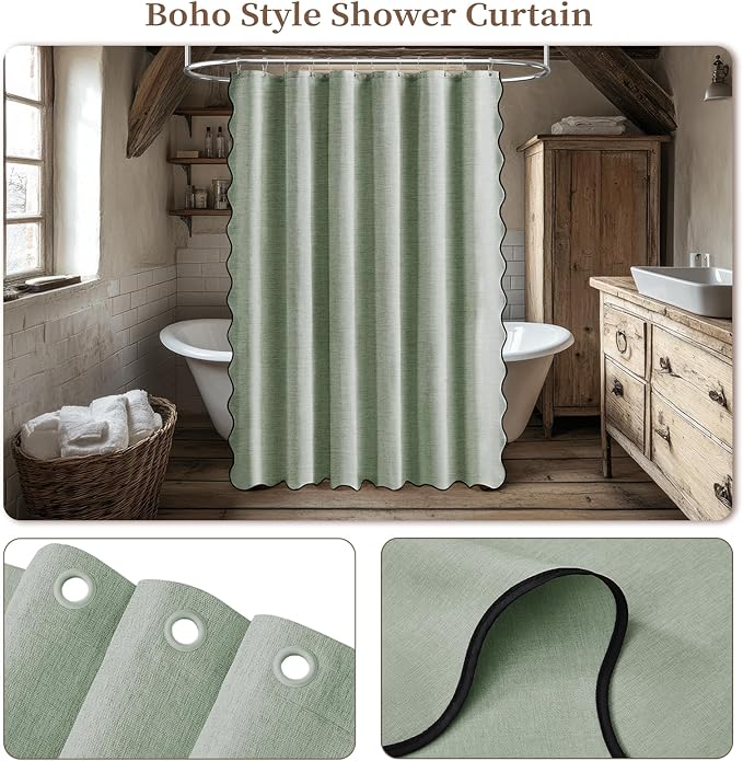BTTN 84 Inch Scalloped Shower Curtain, Extra Long Boho Linen Textured Modern Cloth Shower Curtain Set with Hooks, Large Neutral Fancy Waterproof Fabric Shower Curtains for Bathroom - Sage Green