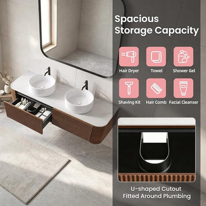 60" Floating Bathroom Vanity with Double White Vessel Sink, Walnut | Pre-Assembled Fluted Wall Mounted Vanity with Ceramic Sink, Sintered Stone Countertop, Soft-Close Drawer & Towel Rack