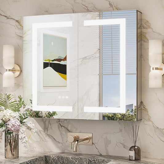 TokeShimi 30x26 Recessed Medicine Cabinet with Lights 3 Color Dimmable and Defogger, Led Medicine Cabinet Mirrored with Outlet Surface or Recessed, Bathroom Mirror with Storage Adjustable
