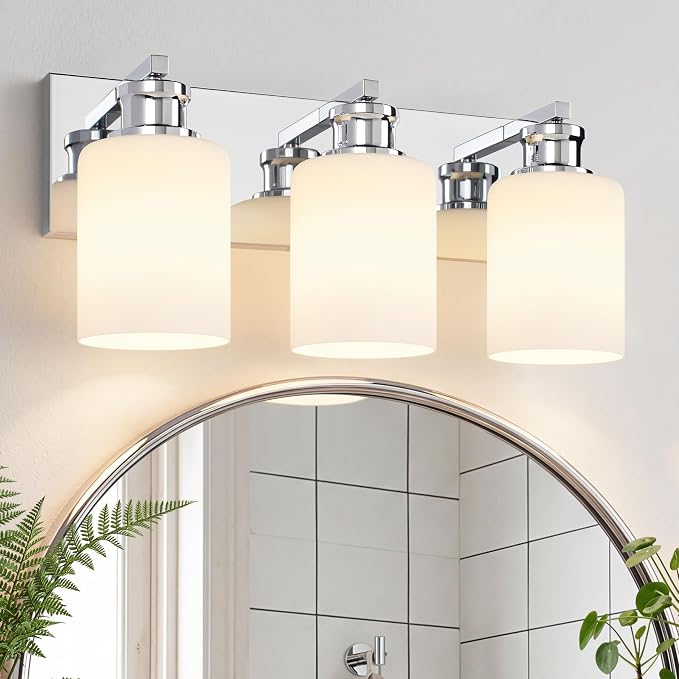 3-Light Chrome Bathroom Vanity Light Fixture, Vanity Lights for Bathroom | Modern Chrome Bathroom Vanity Light Fixture Over Mirror with White Glass Shade, Bathroom Wall Light Over Sink, 16.5 Inch