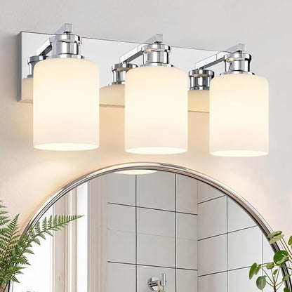 3-Light Chrome Bathroom Vanity Light Fixture, Vanity Lights for Bathroom | Modern Chrome Bathroom Vanity Light Fixture Over Mirror with White Glass Shade, Bathroom Wall Light Over Sink, 16.5 Inch
