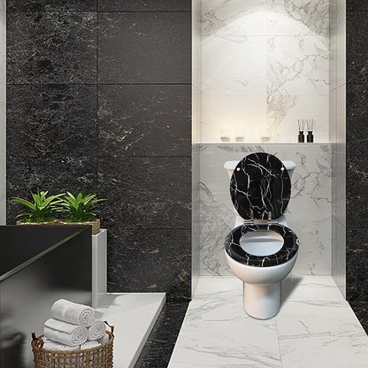 Angel Shield Marble Toilet Seat Durable Molded Wood with Quiet Close,Easy Clean，Quick-Release Hinges (Round,Black Marble)