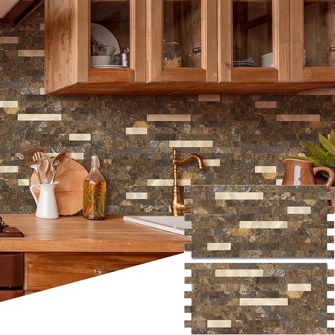 Yipscazo 2 Sheets Peel and Stick Stone Metal Backsplash, PVC Wall Tiles Stick on Tiles for Backsplash Kitchen, Bathroom, Fireplace (6'' X 12'', Rustic)