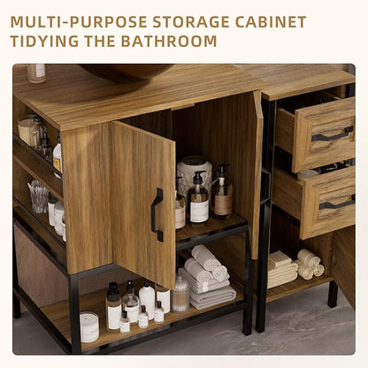 VNN Bathroom Vanity with Sink - 36 Inch Bathroom Vanity with Sink, Open Shelves and 3 Storage Drawers Side Cabinet, Modern Iron Wood Cabinet with Countertop Tempered Glass Vessel, Oak