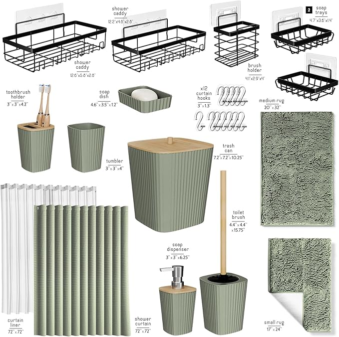 Clara Clark Bathroom Accessories Set - 27PC Bathroom Set with Adhesive Corner Shower Caddy Hanging, Bathroom Sets with Shower Curtain and Rugs, Sage Green Shower Curtain Set with Bathroom Trash Can | 27 Piece Sage Green Bathroom Sets with Shower Curtai...