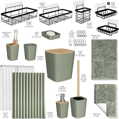 Clara Clark Bathroom Accessories Set - 27PC Bathroom Set with Adhesive Corner Shower Caddy Hanging, Bathroom Sets with Shower Curtain and Rugs, Sage Green Shower Curtain Set with Bathroom Trash Can | 27 Piece Sage Green Bathroom Sets with Shower Curtai...