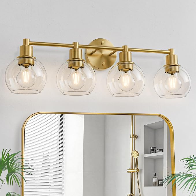 4 Light Bathroom Light Fixtures, Brushed Brass Bathroom Vanity Lights, Modern Vanity Lights 4-Light Globe Bathroom Vanity Lighting Fixture Over Mirror