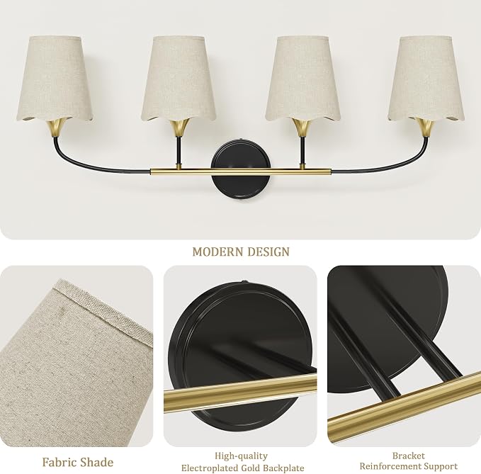 Morauroral Bathroom Light Fixtures Over Mirror, 4 Light Vanity Light for Bathroom, Black Gold Vanity Light Fixtures with Fabric Linen Shade, E26 Socket Sconce Wall Decor(ETL Listed)
