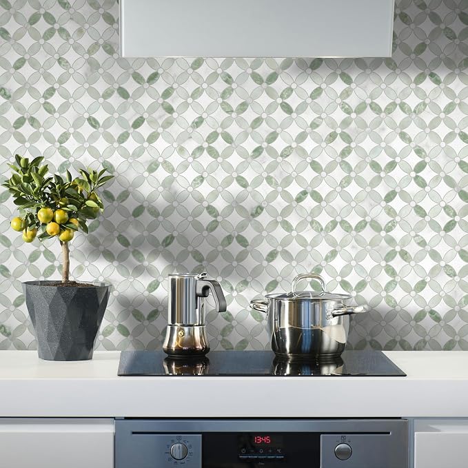 10-Sheet Peel and Stick Backsplash Coin Waterjet Tile, 11.2" x 11.2" Green Marble Looks Self Adhesive Wall Tile Stick on Backsplash for Kitchen, Bathroom, Fireplace, Shower