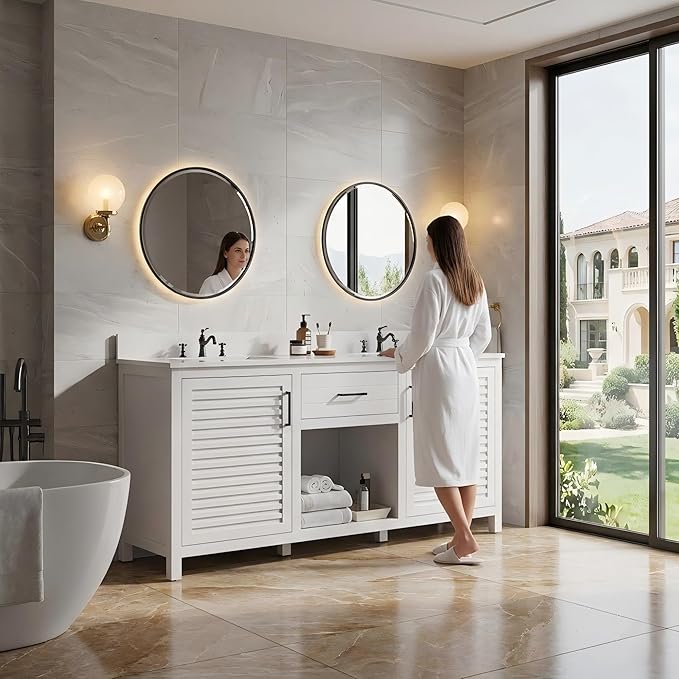72" White Double Sink Bathroom Vanity with Quartz Countertop | Pre-Assembled Freestanding Bathroom Vanity Cabinet with Dual cUPC Ceramic Basins & Soft Close Doors