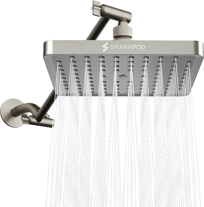 SparkPod 8" Square Rain Shower Head with 11" Shower Arm | Shower Head & Extension Arm Combo, Height Adjustable, High Pressure Performance, Easy 1-Minute Installation, Brushed Nickel