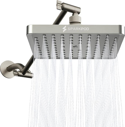 SparkPod 8" Square Rain Shower Head with 11" Shower Arm | Shower Head & Extension Arm Combo, Height Adjustable, High Pressure Performance, Easy 1-Minute Installation, Brushed Nickel