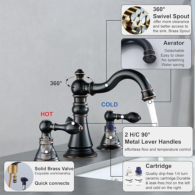 Two Handle Bathroom Sink Faucet Oil Rubbed Bronze 3 Hole Sink Faucet with Pop up Drain, 8 Inch Widespread Bathroom Faucet,High Arc Lavatory Faucet,2 Pack,F-8805-ORB