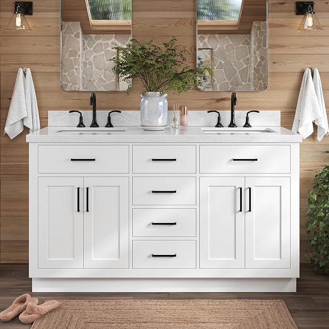 ARIEL Hepburn 60-inch Bathroom Vanity with Sink,Solid Wood, 1.5-inch Italian Carrara Marble Countertop, Double Rectangular Porcelain Sink, 4 Soft Closing Doors, 6 Dovetail Drawers, White