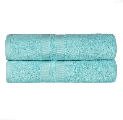 Superior Ultra-Soft Cotton Bath Towel Set, Quick-Dry, Absorbent, Shower, Spa Basics, Large Towels, Bathroom Sets, Bath Essentials, Solid, Double Line Dobby Border, 2 Pack, Set of 2, Cyan Blue