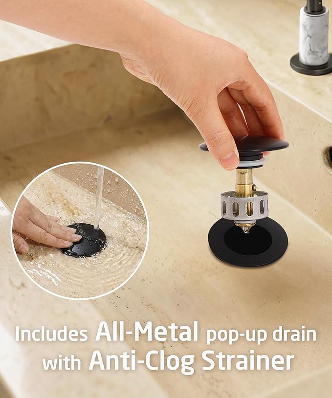 KES Natural Italian Carrara Marble Matte Black Bathroom Faucet 3 Hole with All Metal Pop Up Sink Drain, 8 Inch Widespread Bathroom Sink Faucet for Vanity, 360° Swivel Spout, 18/8 Stainless Steel