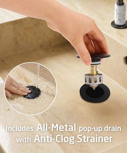 KES Natural Italian Carrara Marble Matte Black Bathroom Faucet 3 Hole with All Metal Pop Up Sink Drain, 8 Inch Widespread Bathroom Sink Faucet for Vanity, 360° Swivel Spout, 18/8 Stainless Steel