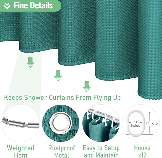 Waffle Shower Curtain 256GSM Heavy Duty Fabric 72x72 Seaweed Green | Thick Textured Cloth, Weighted Hem, Water Repellent Washable, Hotel Luxury Polyester Shower Curtain Set for Bathroom 12 Hooks