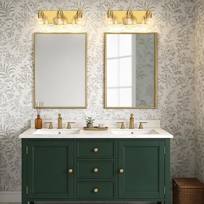 IZORRO Bathroom Light Fixtures, 3-Light Brushed Gold Vanity Light, Modern Wall Sconces with Globe Clear Glass Shade, Vanity Lighting Fixtures Over Mirror,E26 Bulb Socket